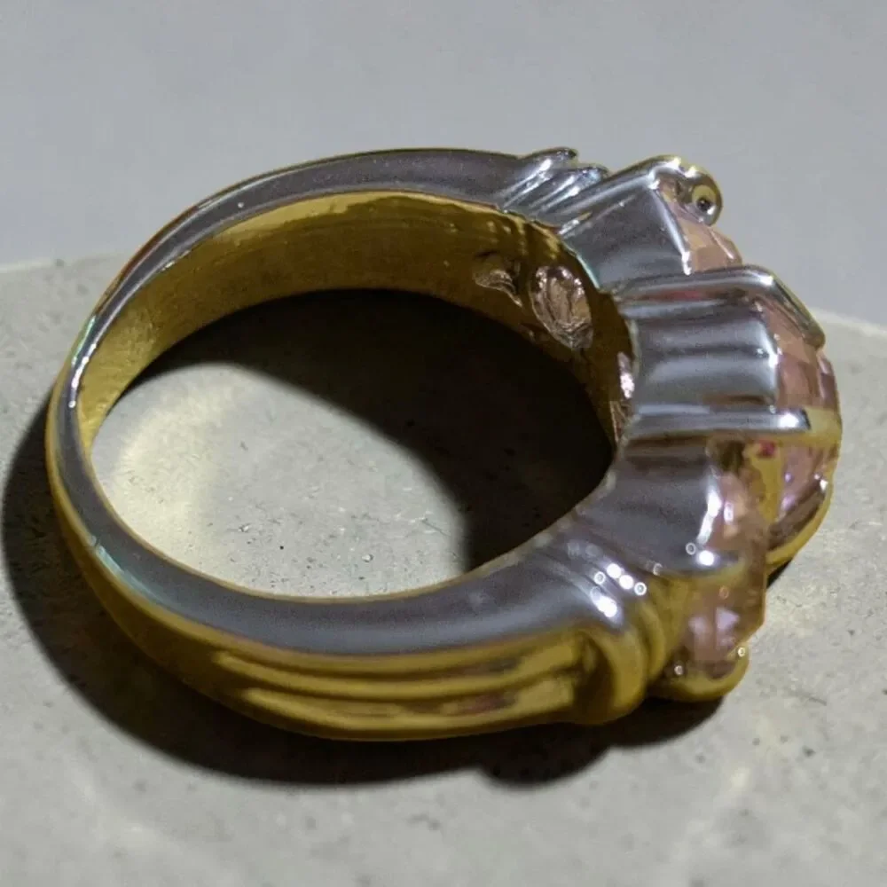 Pink Three Stone Ring, Silver Tone Trilogy Ring, Pink Statement Jewelry